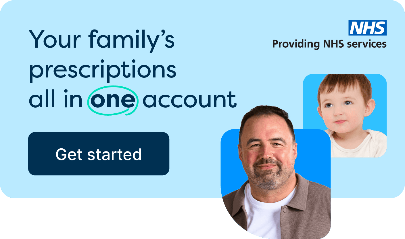 Banner showing a man's and child's photos with text promoting family prescriptions in one account, featuring the NHS logo and a "Get started" button.
