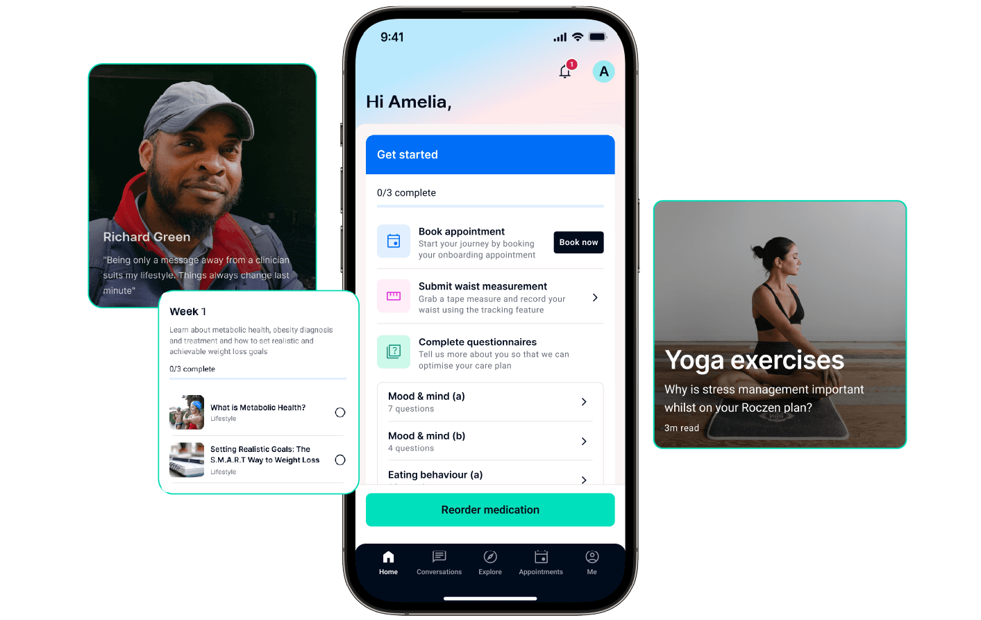 A smartphone screen displays a health app interface, with options like booking appointments and submitting measurements. Side panels show user stories and yoga tips.