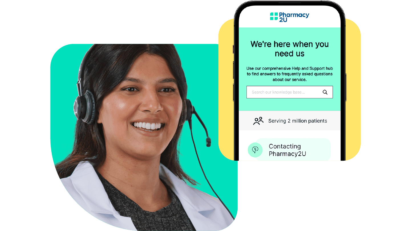 Smiling woman in headset and lab coat next to a smartphone displaying a Pharmacy2U support page with a search bar.