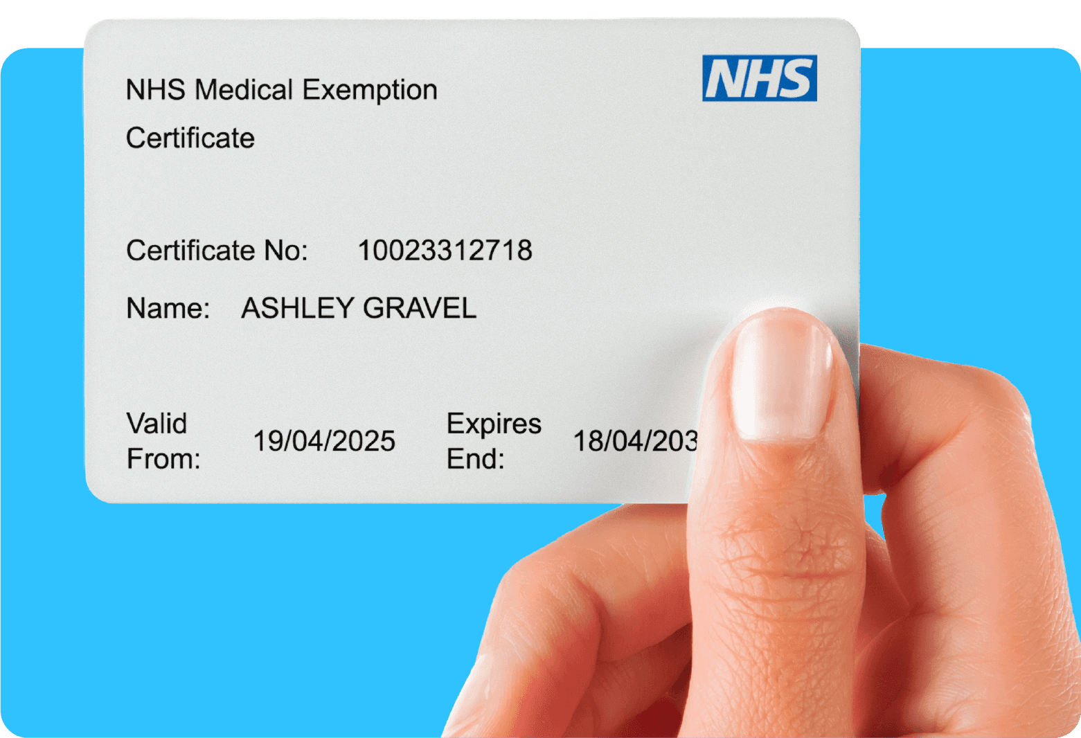 A hand holds an NHS Medical Exemption Certificate with details including certificate number, name, and validity dates.