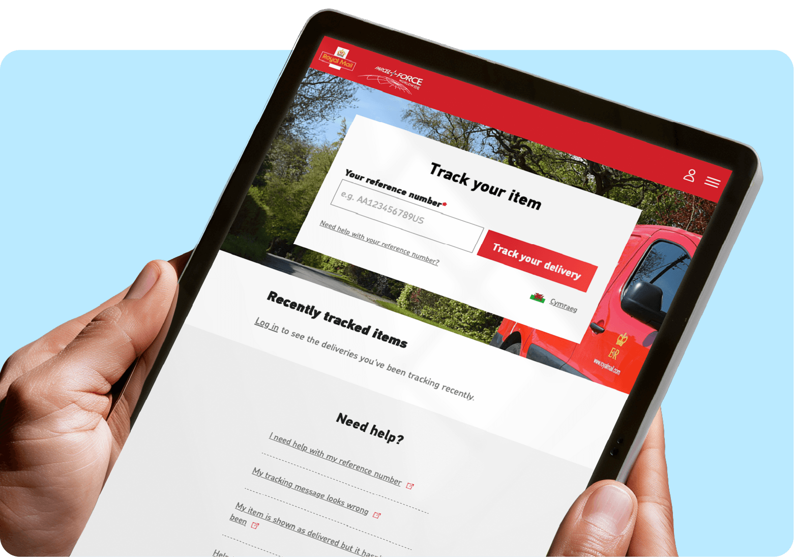 Hands holding a tablet displaying a package tracking webpage with a red and white interface and a delivery truck in the background.