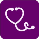 Icon of a white stethoscope on a purple background, with the tubing forming a heart shape.