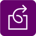 A white, curved arrow pointing up and right over a square, on a purple background.