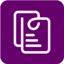 Two overlapping white document icons on a purple background, with a decorative swirl on the top document.