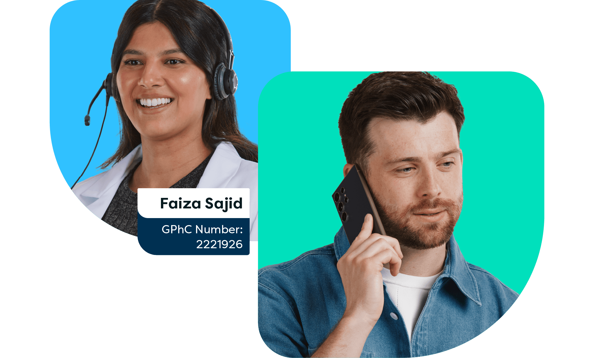 A smiling woman wearing a headset and lab coat, next to a man in a denim shirt talking on a smartphone.
