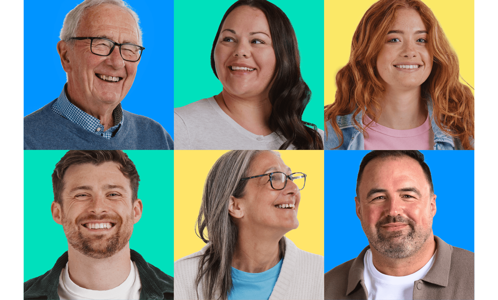Collage of six diverse people smiling against bright, colorful backgrounds: blue, green, and yellow. Each person is in a separate square.