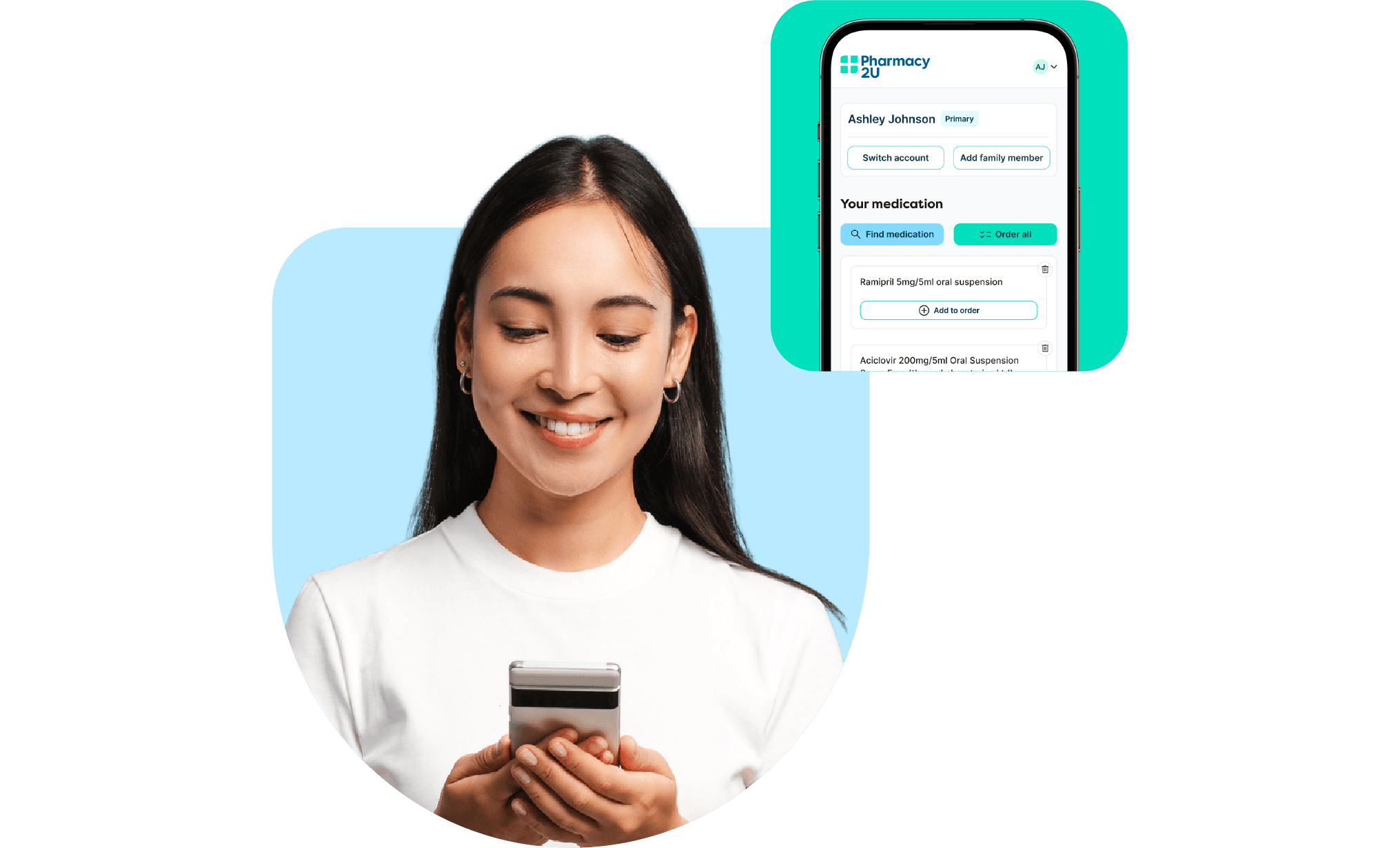 Smiling woman using a smartphone, with a screen showing a medication management app interface.