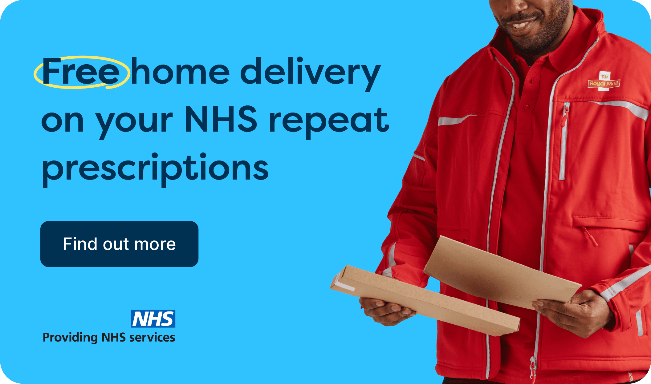 Banner promoting free home delivery for NHS repeat prescriptions, featuring a smiling woman and text offering services.