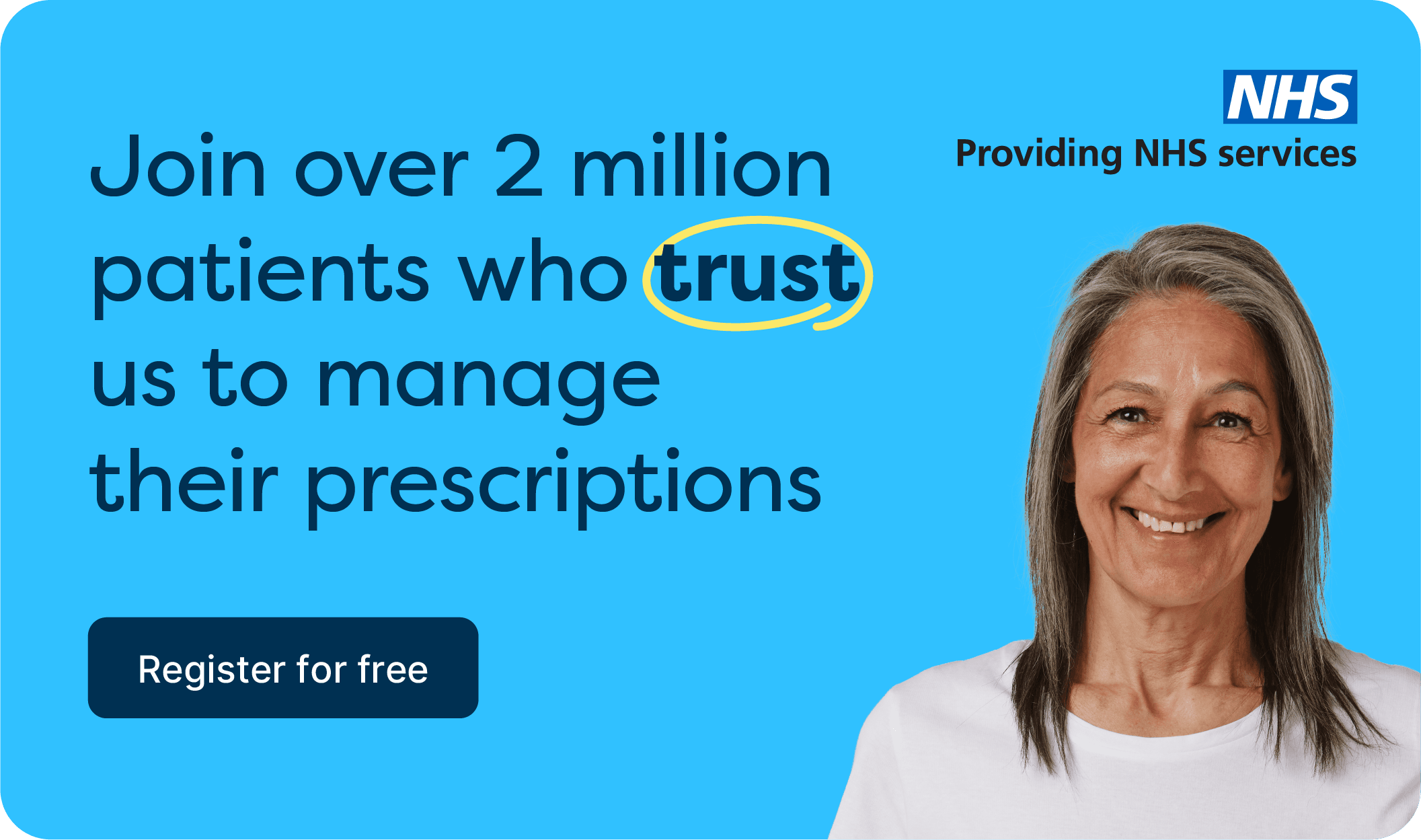 A banner promoting prescription management services, showing a phone displaying an app and a smiling woman. Text: "Join over 2 million patients who trust us."