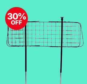 Metal travel mesh dog guard with vertical bars on a turquoise background, featuring a red "30% OFF" discount sticker.