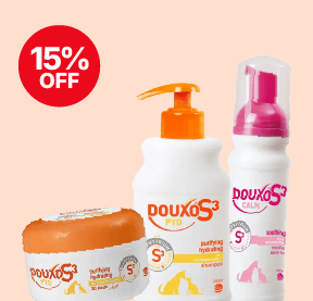 Three Douxo S3 pet care products with a 15% off label against a light peach background.