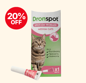Packaging of Dronspot Spot-on Wormer for medium cats with 20% off. Shows a tabby cat and states it kills roundworms, tapeworms, and hookworms.
