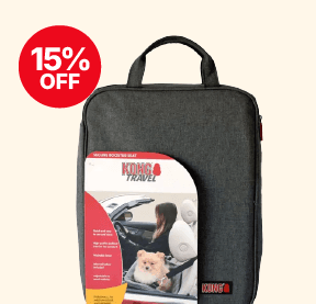 Grey pet booster seat bag with "KONG Travel" packaging showing a dog in a car. Red "15% OFF" label in the top corner.