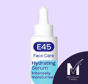 Bottle of E45 Face Care Hydrating Serum with a dropper, labeled as intensely moisturizing and menopause friendly, on a light purple background.