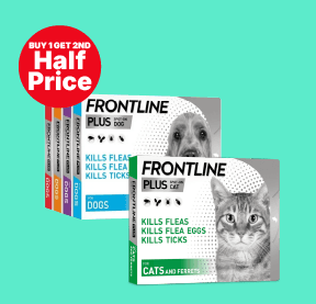 Pet flea treatment boxes for dogs and cats, with a promotional "Buy 1 Get 2nd Half Price" label on a turquoise background.