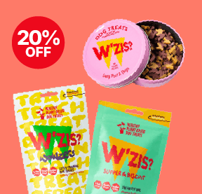 Dog treats with 20% off. Includes a pink tin with treats and two colourful treat pouches, one yellow and one green, on an orange background.