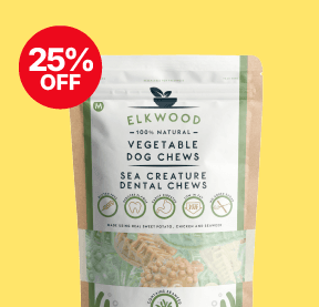 Bag of Elkwood vegetable dog chews with sea creature dental shapes, featuring a 25% off label, on a yellow background.