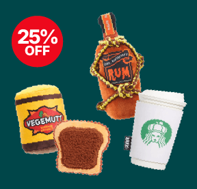 Plush toys resembling a Vegemite jar, toast, rum bottle, and a coffee cup with a 25% off badge on a green background.