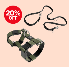 Green dog harness and black leash displayed with a red "20% Off" badge on a peach background.