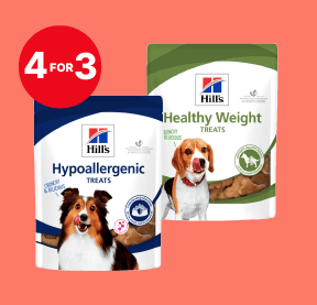 Two packs of Hill's dog treats, Hypoallergenic and Healthy Weight, on a coral background with a "4 for 3" offer tag.