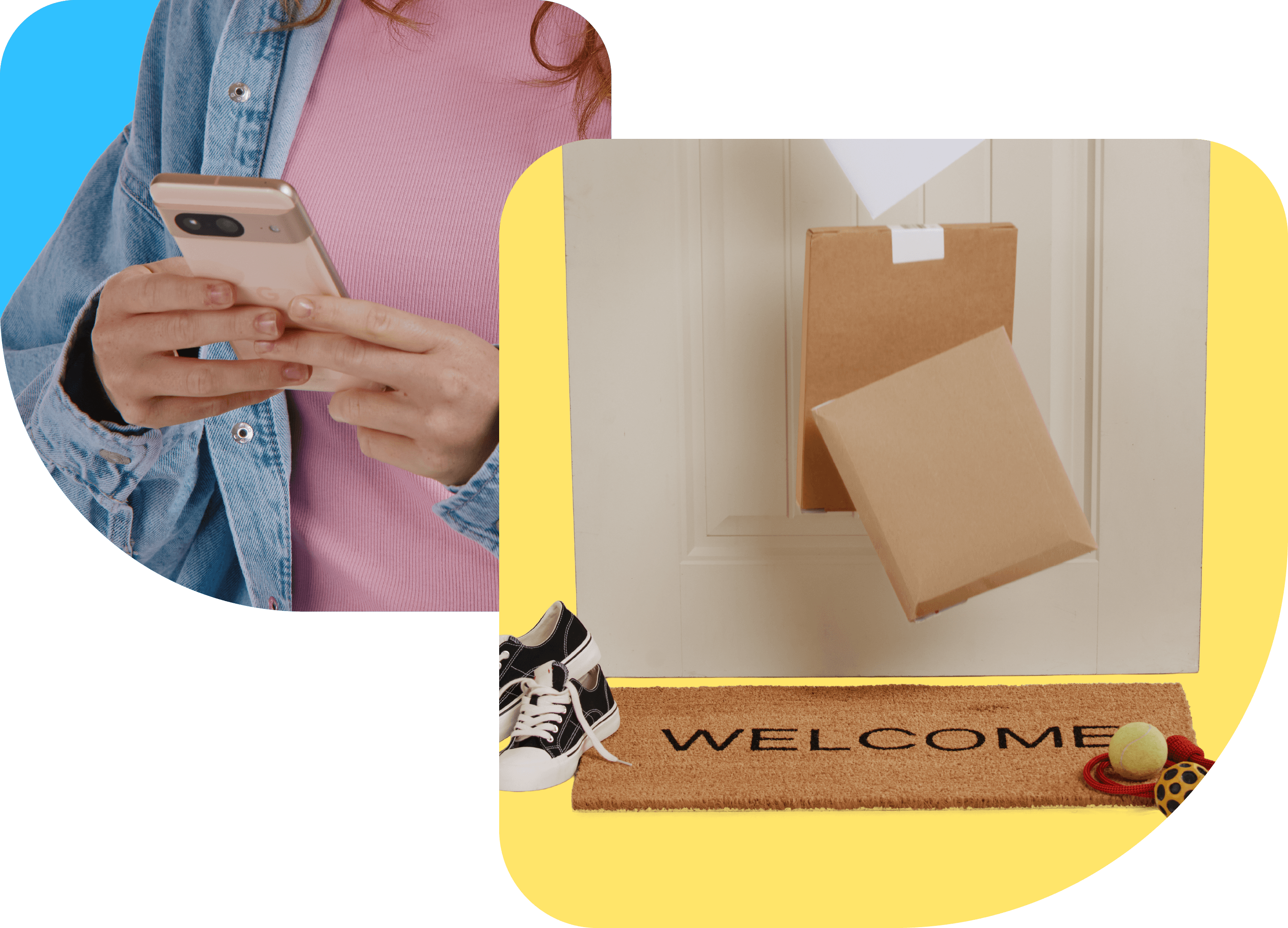 A person using a smartphone, next to an image of packages being delivered at a door with a welcome mat and shoes.