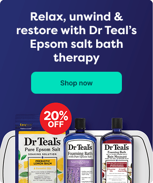 Banner for Dr Teal's Epsom salt bath therapy showing products with a "20% off" badge and a "Shop now" button on a dark blue background.