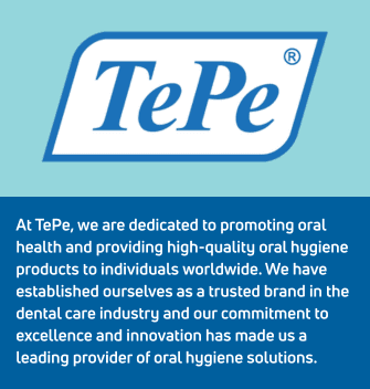 TePe logo on the left, with text about promoting oral health and being a trusted dental care brand on a blue background.