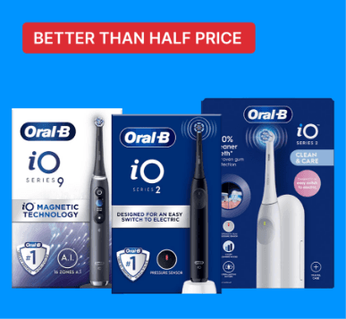Three Oral-B electric toothbrush boxes with "Better Than Half Price" label on a blue background.