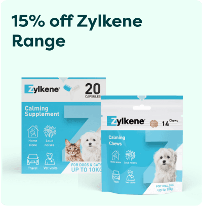 Zylkene calming supplements for pets, including capsules and chews for dogs and cats, with a 15% discount offer.