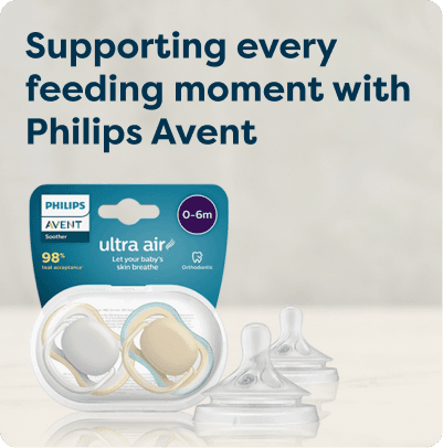 Philips Avent ultra air pacifiers for 0-6 months in packaging, featuring two orthodontic nipples and a translucent case.