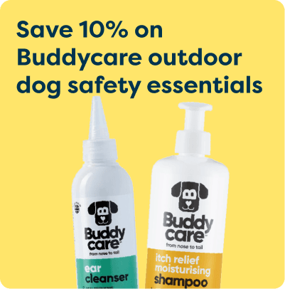 Advertisement for Buddycare dog products, featuring ear cleanser and itch relief shampoo against a yellow background.