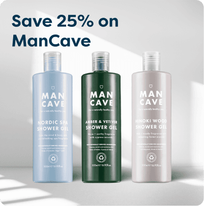 Three ManCave shower gels: Nordic Spa, Amber & Vetiver, Hinoki Wood, with a "Save 25%" offer displayed above.