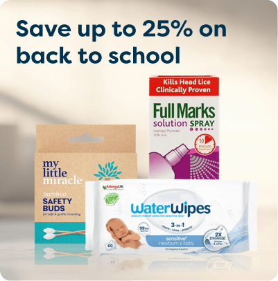 Back-to-school sale poster featuring Full Marks spray, My Little Miracle safety buds, and WaterWipes, offering up to 25% off.