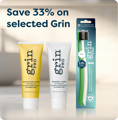 Save 33% on selected Grin at Pharmacy2U. Grin Pro dental care products, including toothpaste and a toothbrush, are displayed.