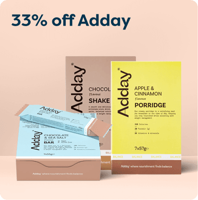 Adday products on display: apple & cinnamon porridge, chocolate shake, and chocolate sea salt bar. Banner reads "33% off Adday."