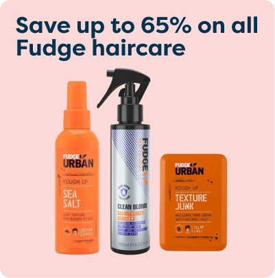 Fudge haircare promotion with three products: Sea Salt Spray, Clean Blonde Shampoo, and Texture Junk styling paste. Save up to 65%.