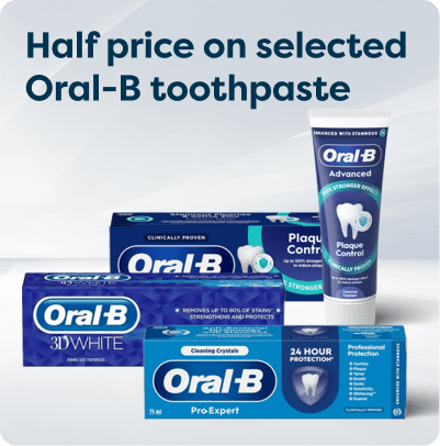 Half price on selected Oral-B toothpaste at Pharmacy2U. Three Oral-B toothpaste products are displayed.