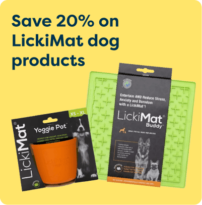 Yellow promo image showing 20% off LickiMat dog products. Features a LickiMat Buddy and a Yoggie Pot, both designed for stress relief and feeding.