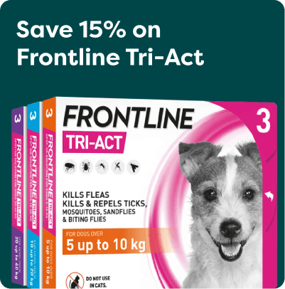 Frontline Tri-Act packaging for dogs over 5-10 kg, featuring flea and tick protection, with a 15% discount offer.