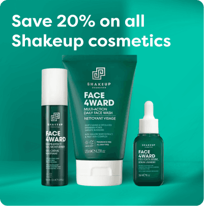Save 20% on all Shakeup cosmetics at Pharmacy2U. Three Shakeup Face 4ward skincare products are displayed.