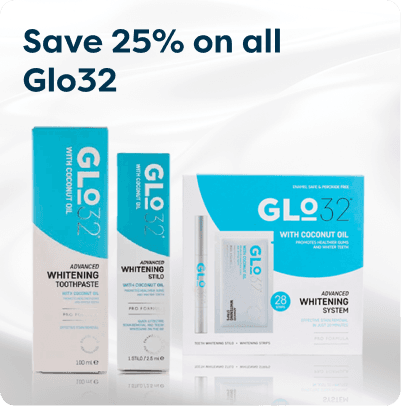 Save 25% on all Glo32 at Pharmacy2U. Glo32 teeth whitening products, including whitening toothpaste, Stilo and a whitening system with coconut oil, are displayed.
