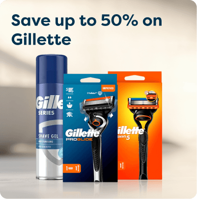 Promotion for Gillette products: shave gel, ProGlide razor, and Fusion5 razor with "Save up to 50%" text above.