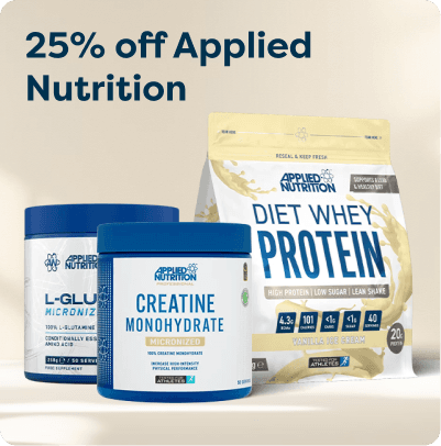 "25% off Applied Nutrition products: L-Glutamine, Creatine Monohydrate, and Diet Whey Protein in vanilla ice cream flavor."