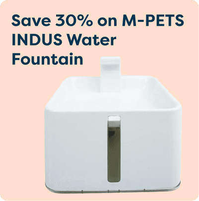 White M-PETS INDUS Water Fountain on pink background with text: "Save 30% on M-PETS INDUS Water Fountain."