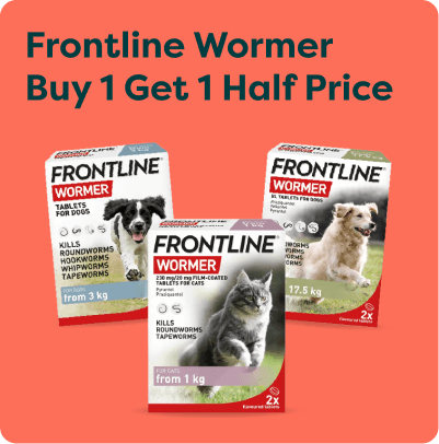 Frontline Wormer promotion with three boxes for pets, showing "Buy 1 Get 1 Half Price" offer.