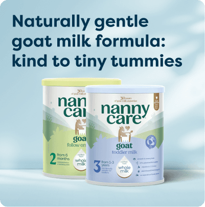 Two cans of Nanny Care goat milk formula for toddlers and infants, with the text "Naturally gentle goat milk formula: kind to tiny tummies."