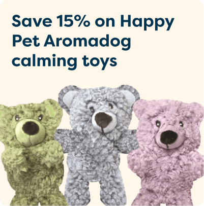 Three plush Aromadog calming toys in green, grey, and pink, with a text overlay offering a 15% discount.