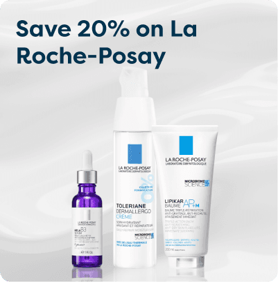 Save 20% on La Roche-Posay at Pharmacy2U. La Roche-Posay skincare products, including a serum, cream and balm, are displayed.
