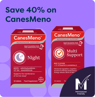Boxes of CanesMeno Night and Multi Support menopause supplements, with a "Save 40%" text and Menopause Friendly logo.