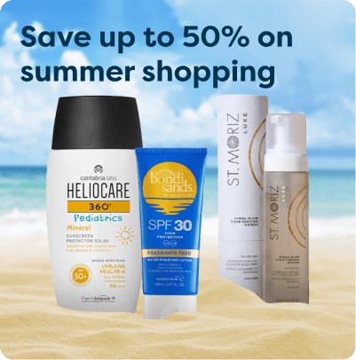 Summer products on sandy beach under blue sky, with text "Save up to 50% on summer shopping."
